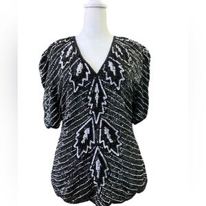 Vintage Stenay Black and White Sequin and Beaded Top Medium